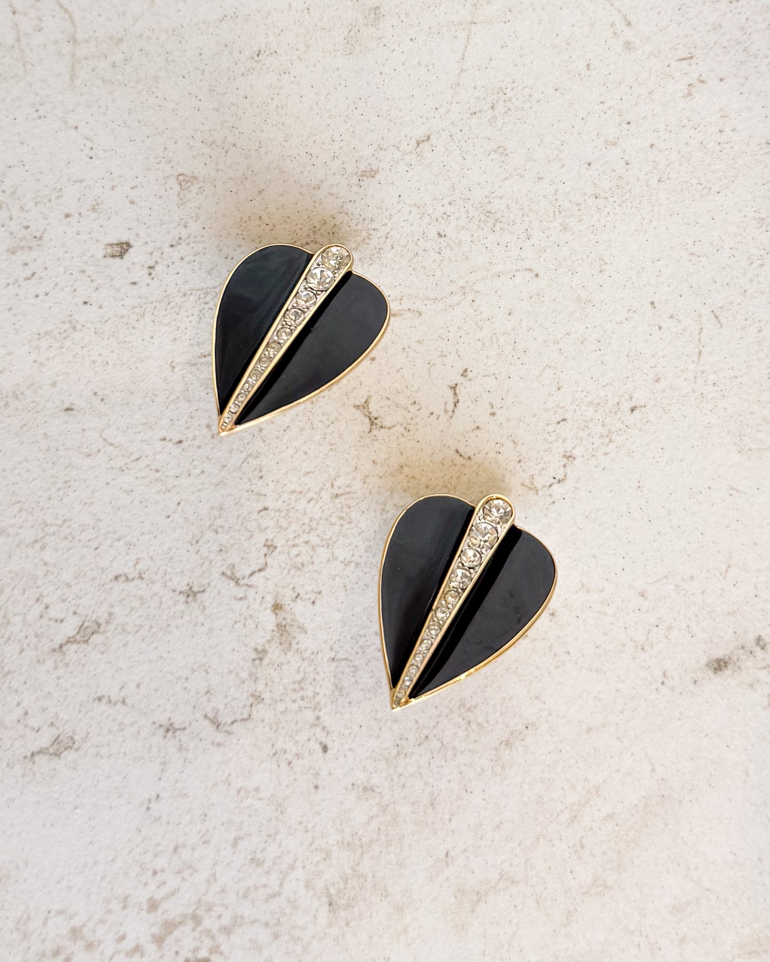 Vintage Signed Black Enamel Leaf Rhinestone Clip-on Earrings