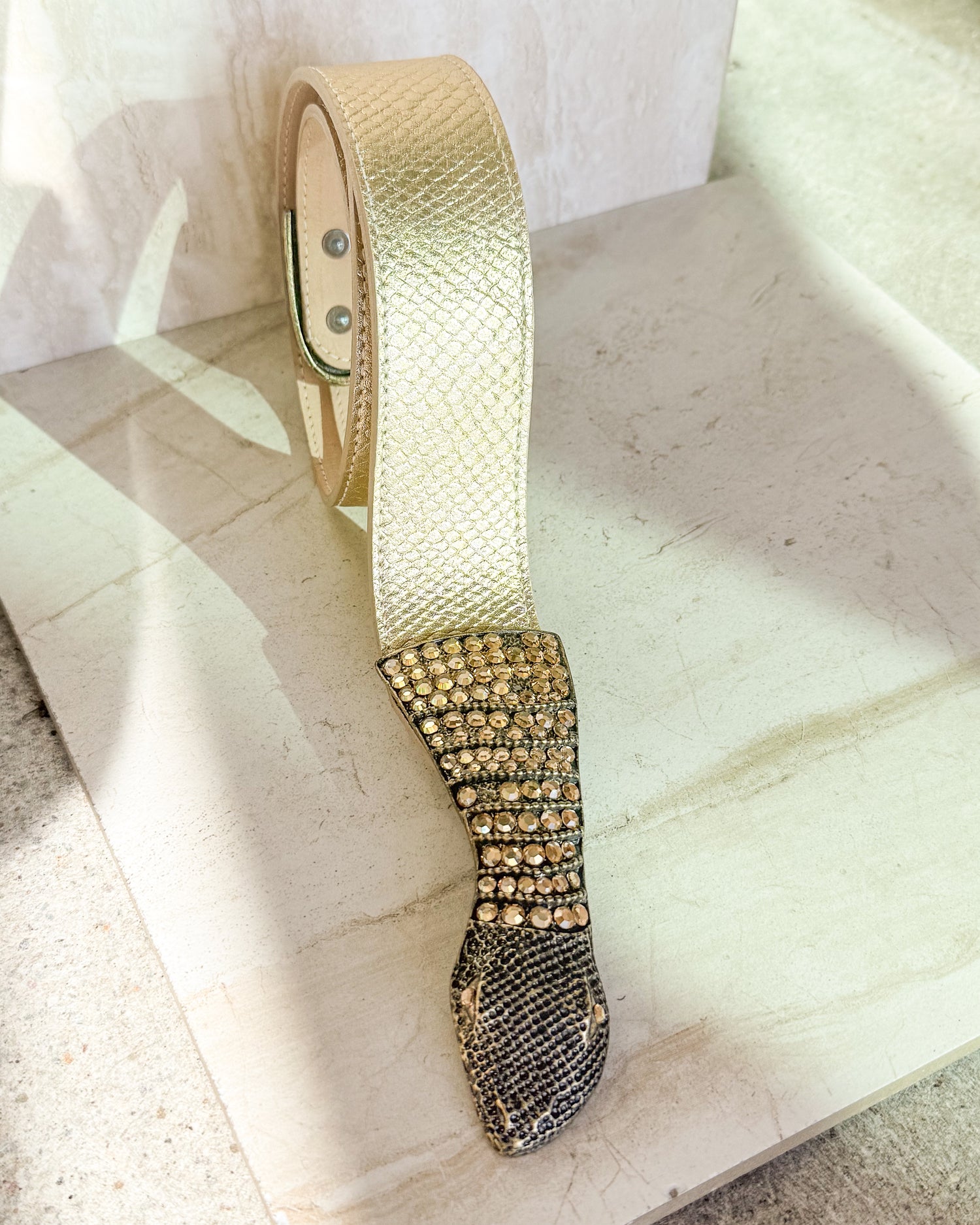 Vintage Champagne Metallic Genuine Leather Snake Belt M