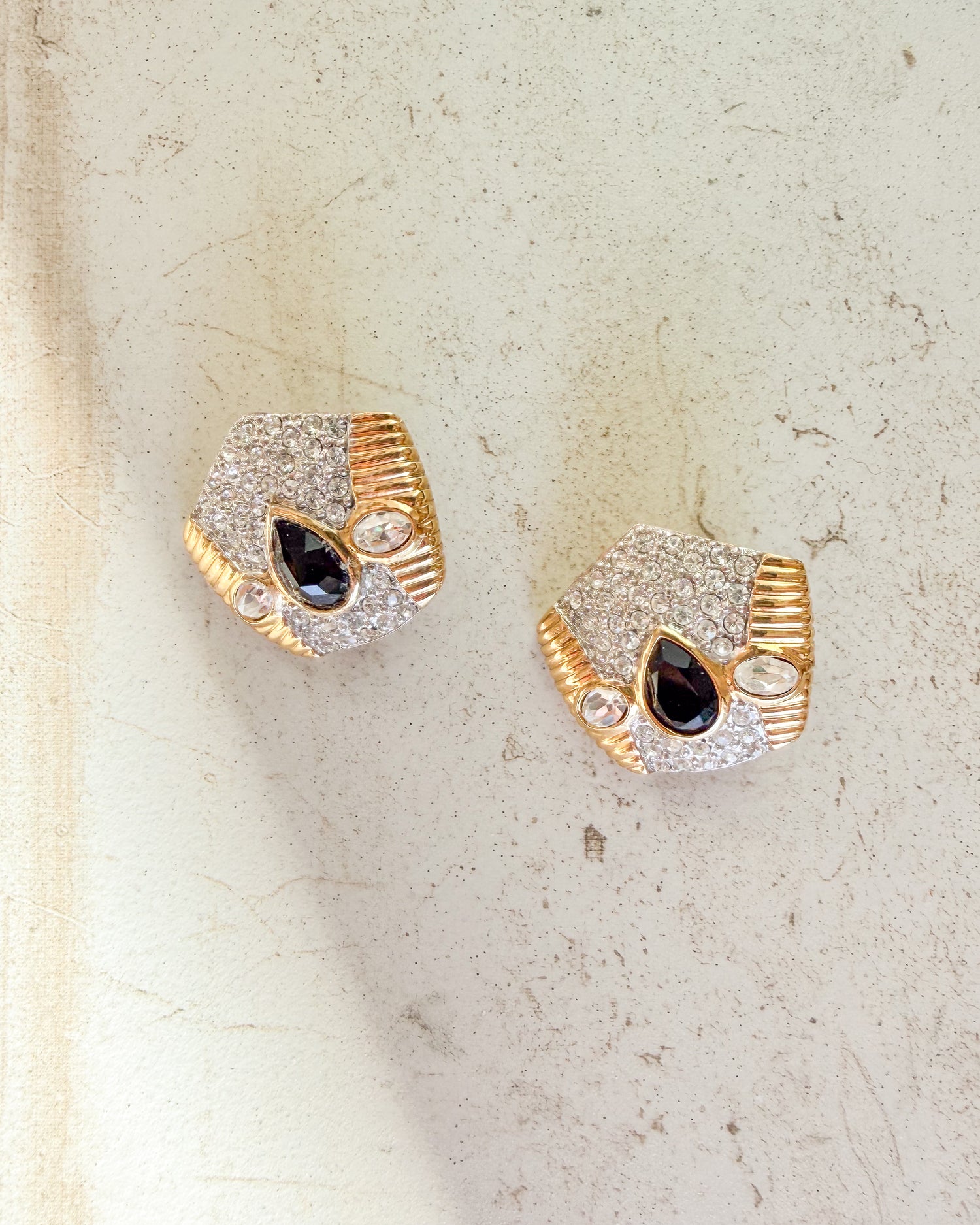 Vintage Signed Rhinestone & Black Cabochon Clip On Earrings