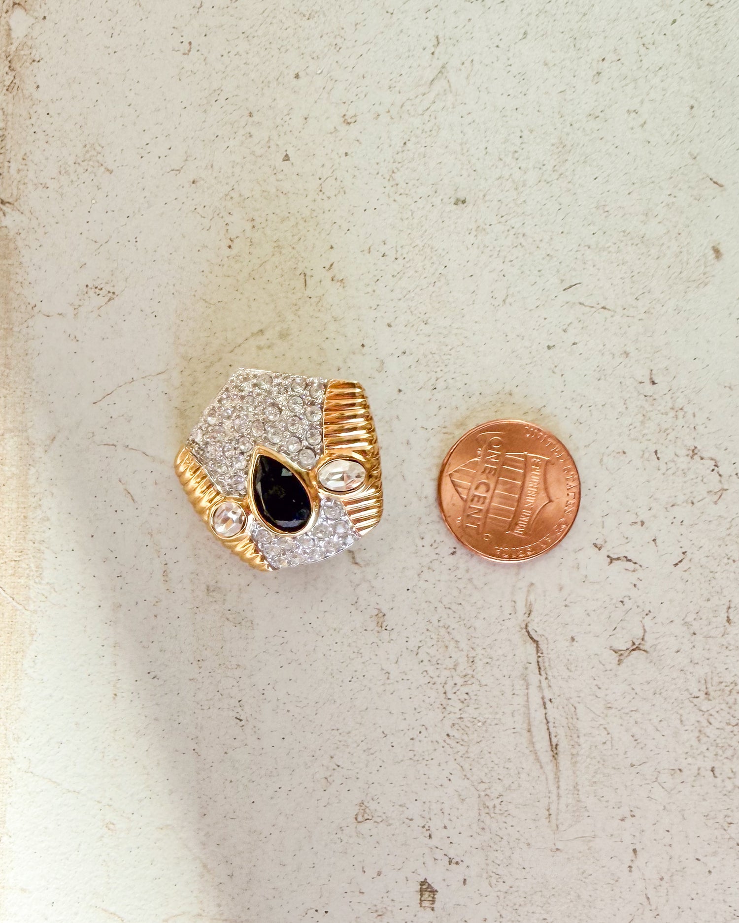 Vintage Signed Rhinestone & Black Cabochon Clip On Earrings