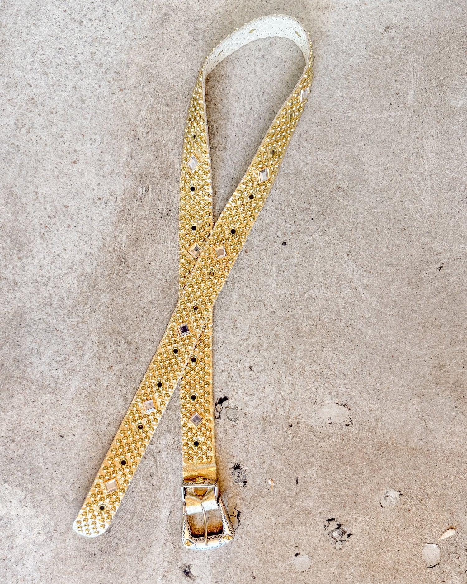 Vintage Gold Tone Studded Crystal Leather Belt S/M