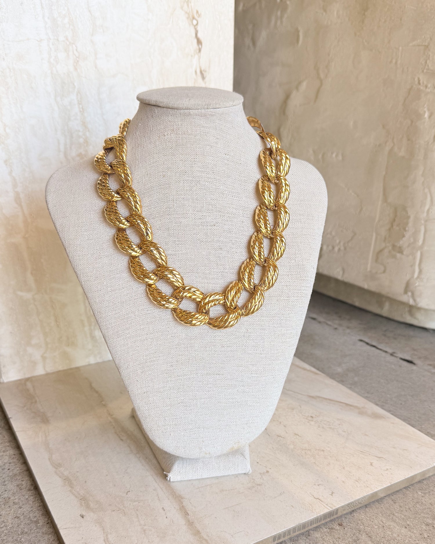 Vintage Signed Chunky Gold Plated Rope Link Necklace - medium