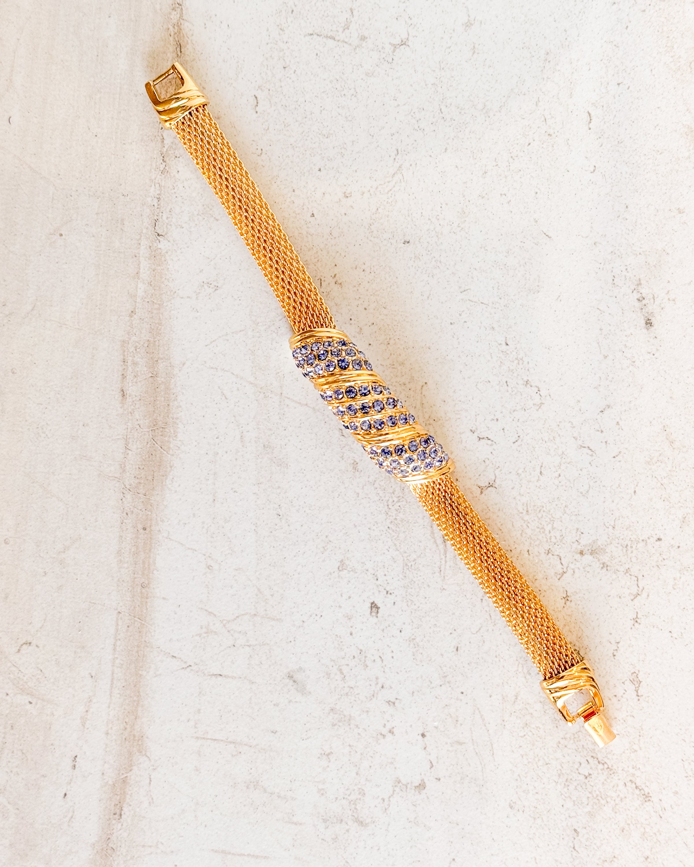 VINTAGE Signed Bracelet Gold Tone with Blue Rhinestones