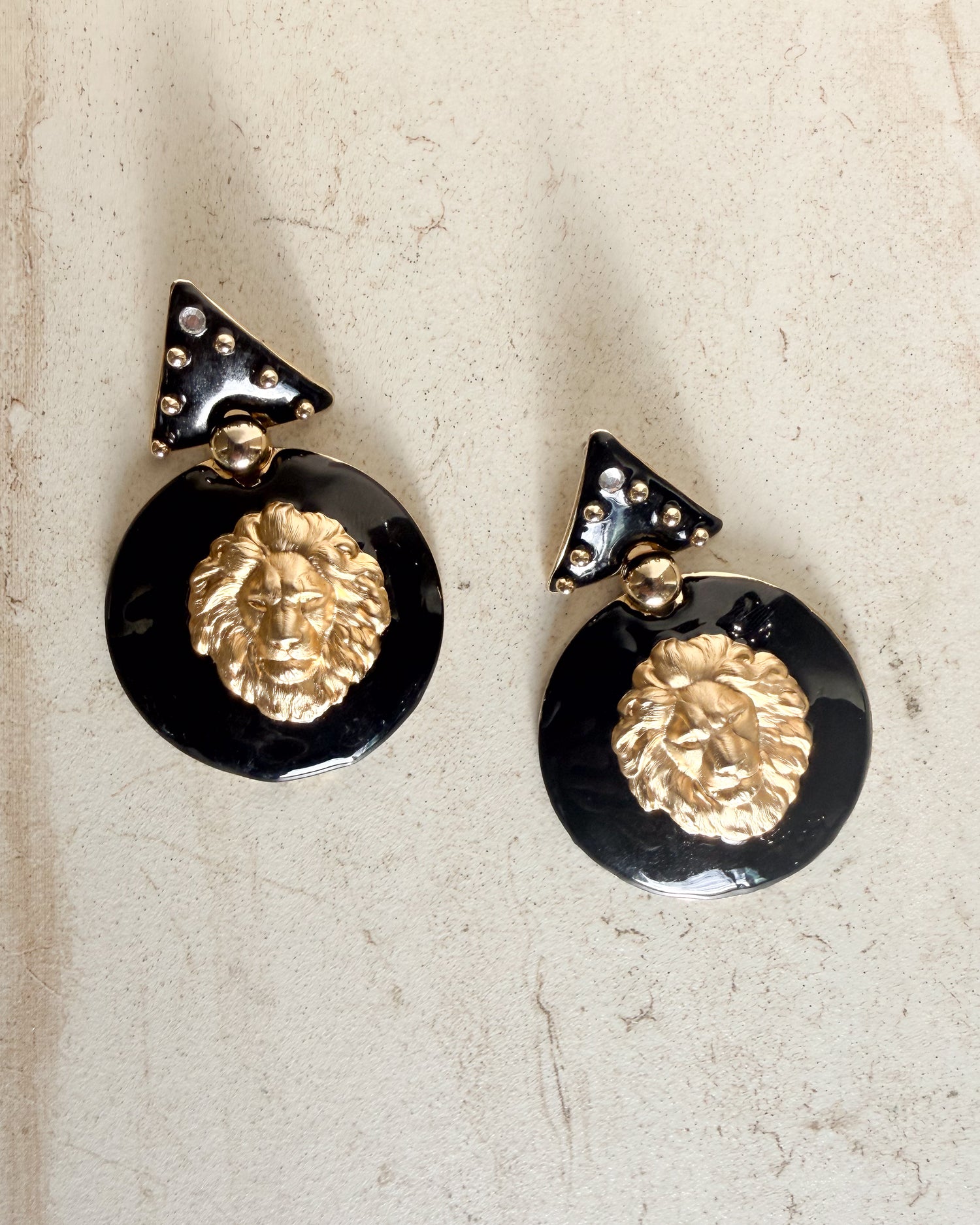 Vintage Black Enamel Lion Head Earrings
