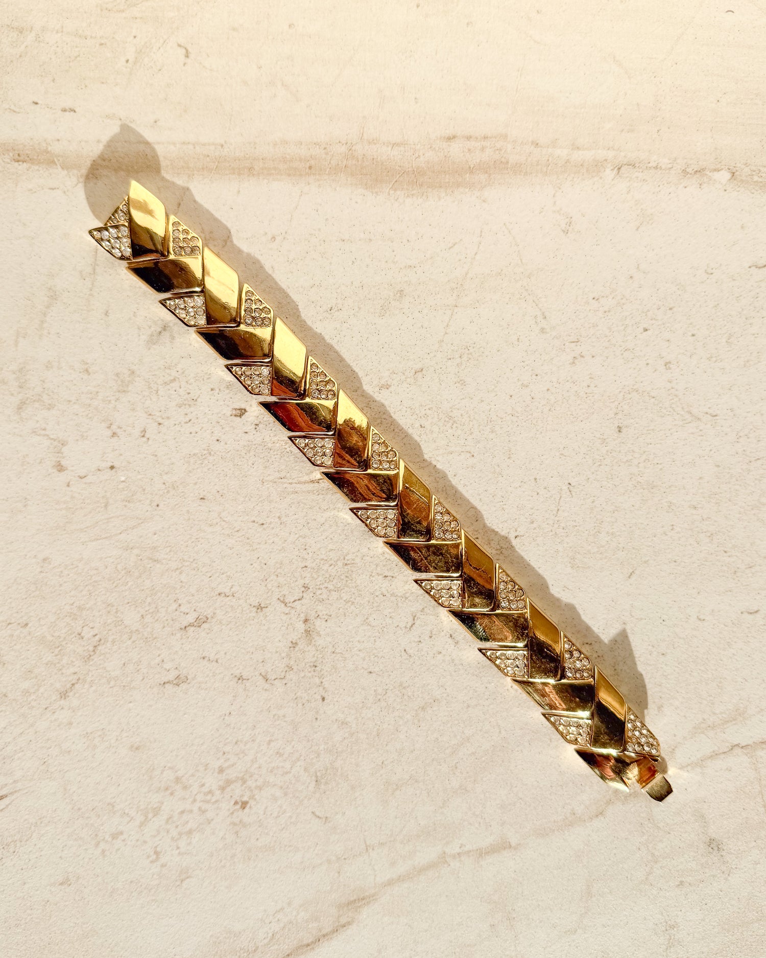 Vintage Gold Tone Rhinestone Herringbone Bracelet