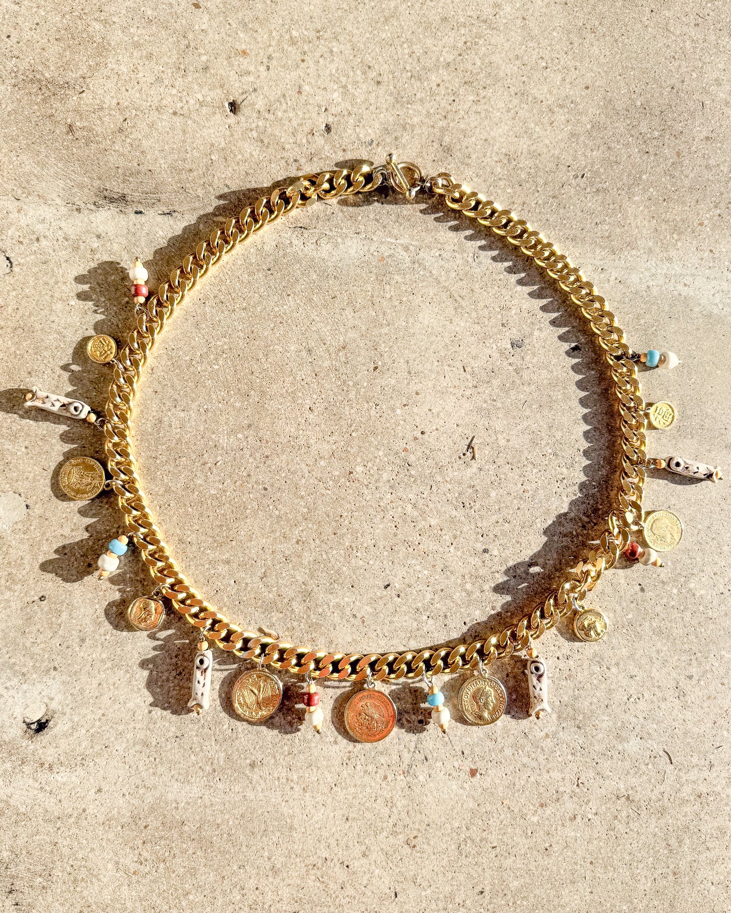 Vintage Signed Chunky Chain & Coin Charms Statement Necklace