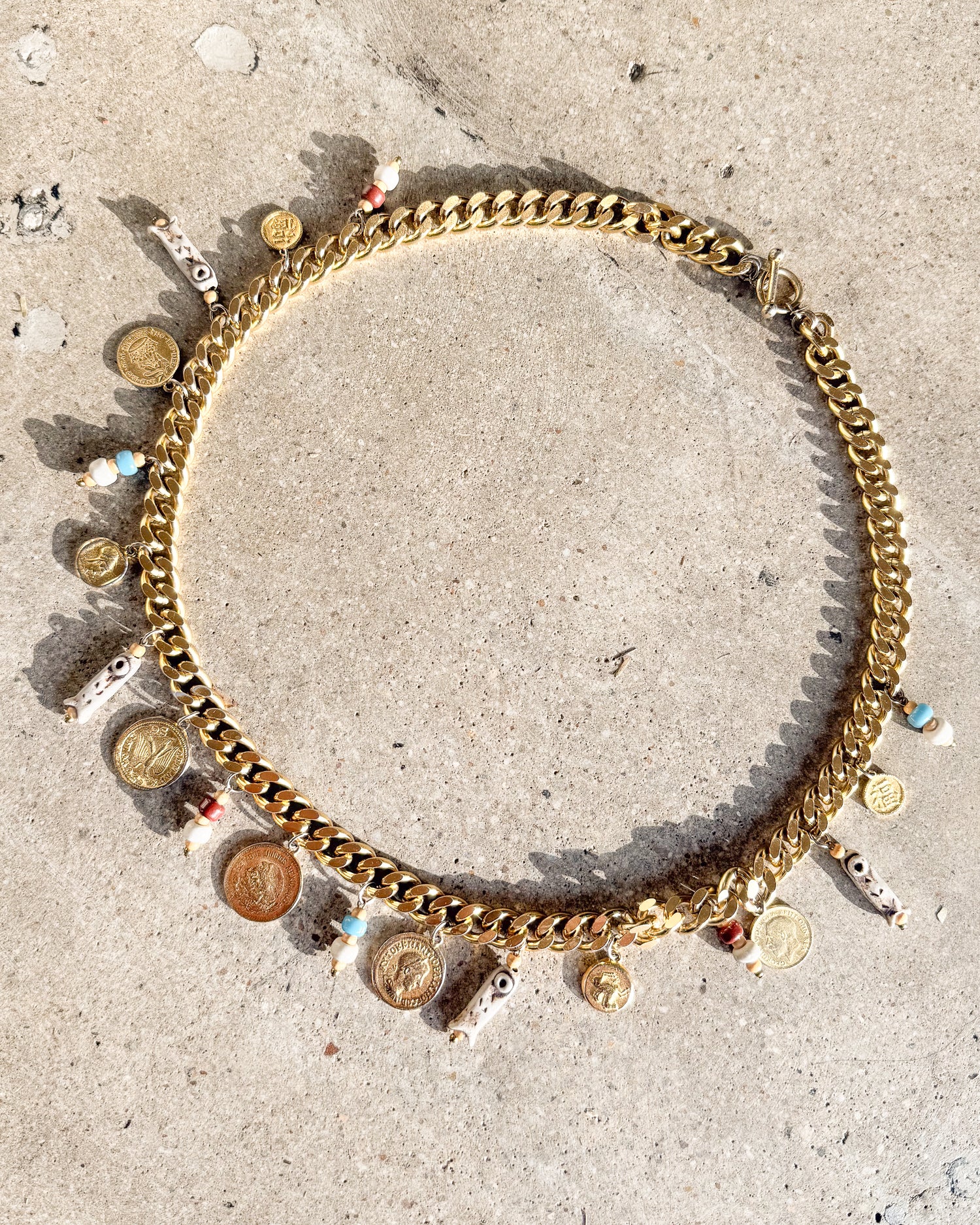 Vintage Signed Chunky Chain & Coin Charms Statement Necklace