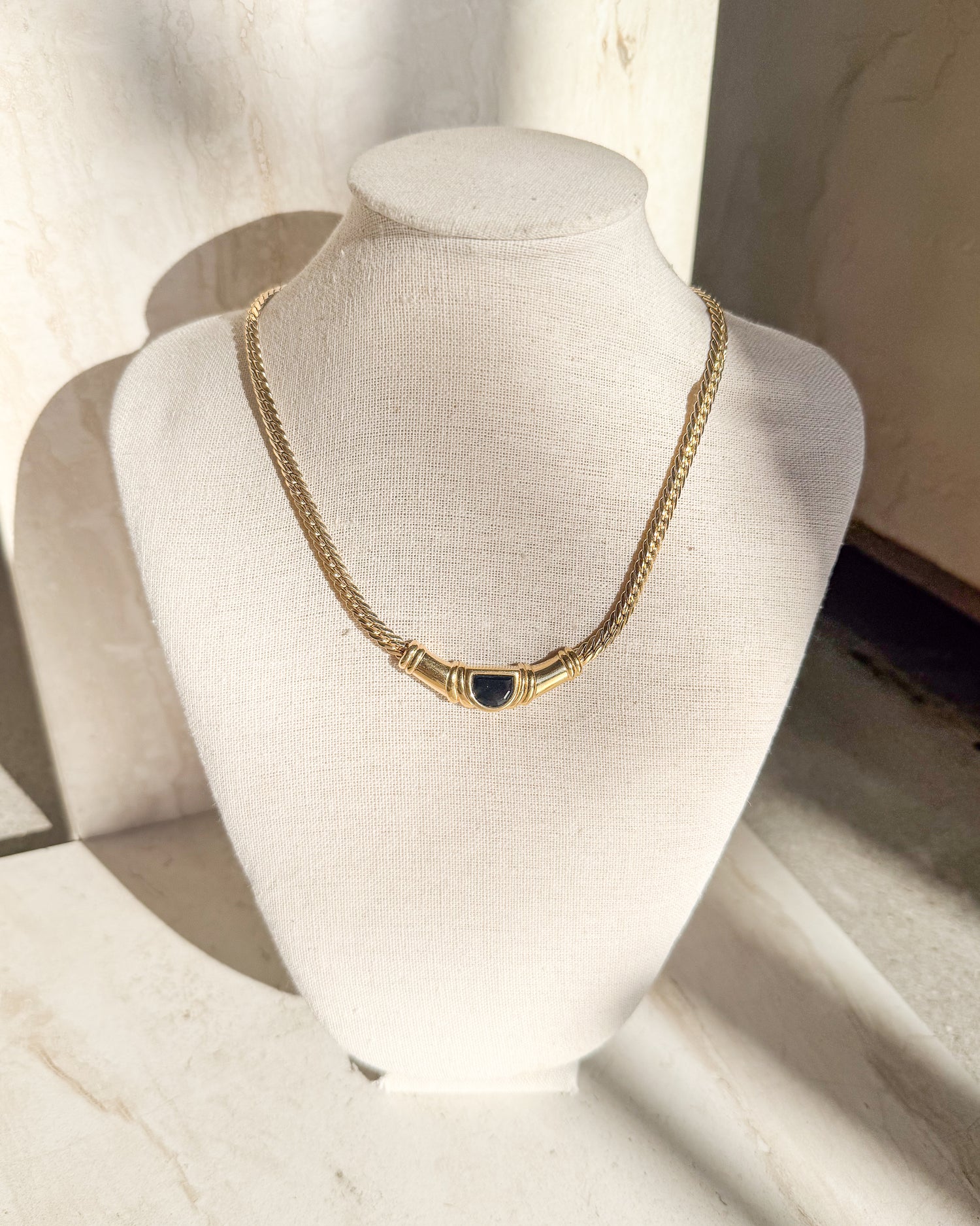 Vintage Swarovski Black Stone gold plated herringbone chain necklace