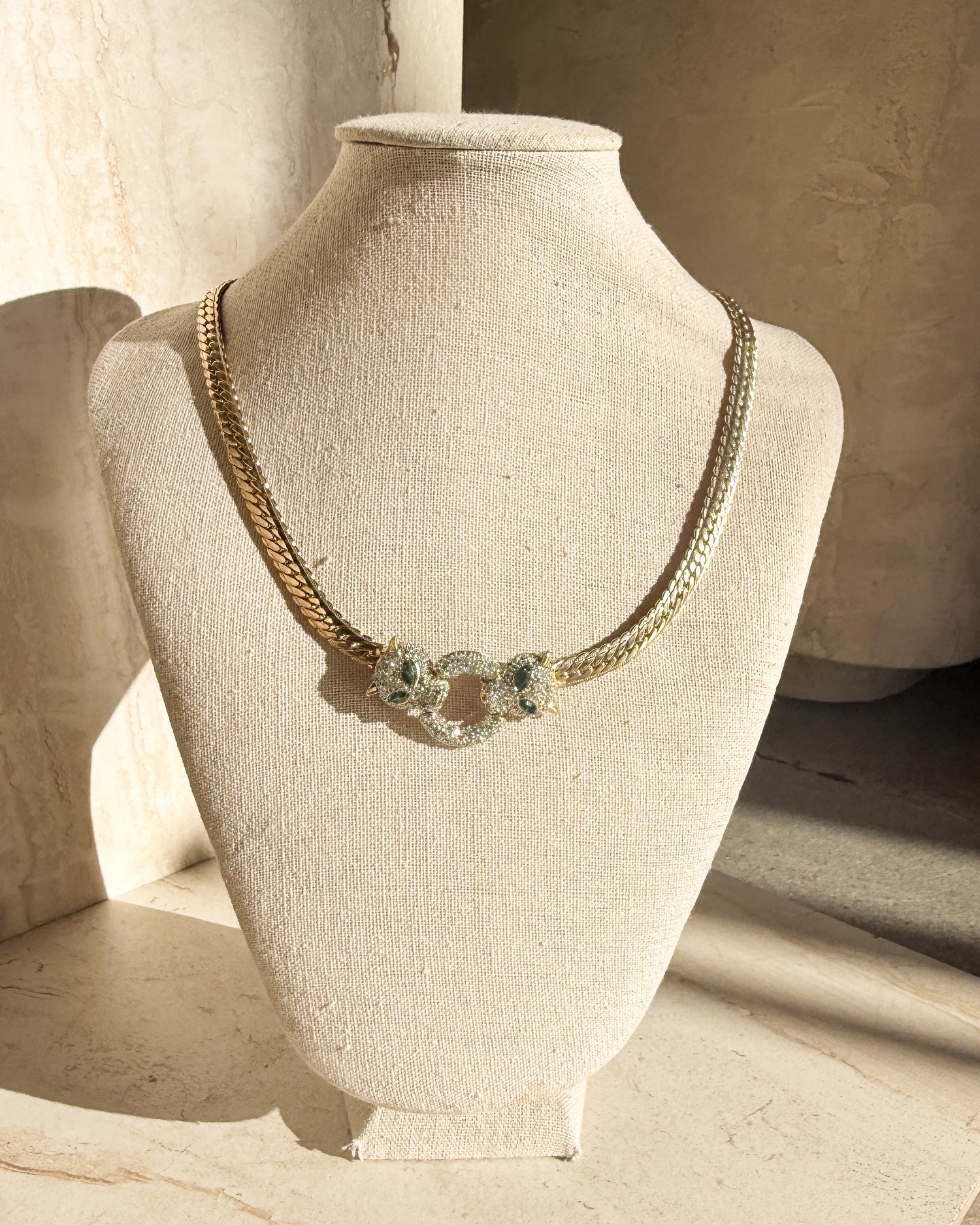 Vintage Green Rhinestone Eye Double Headed Leopard Necklace