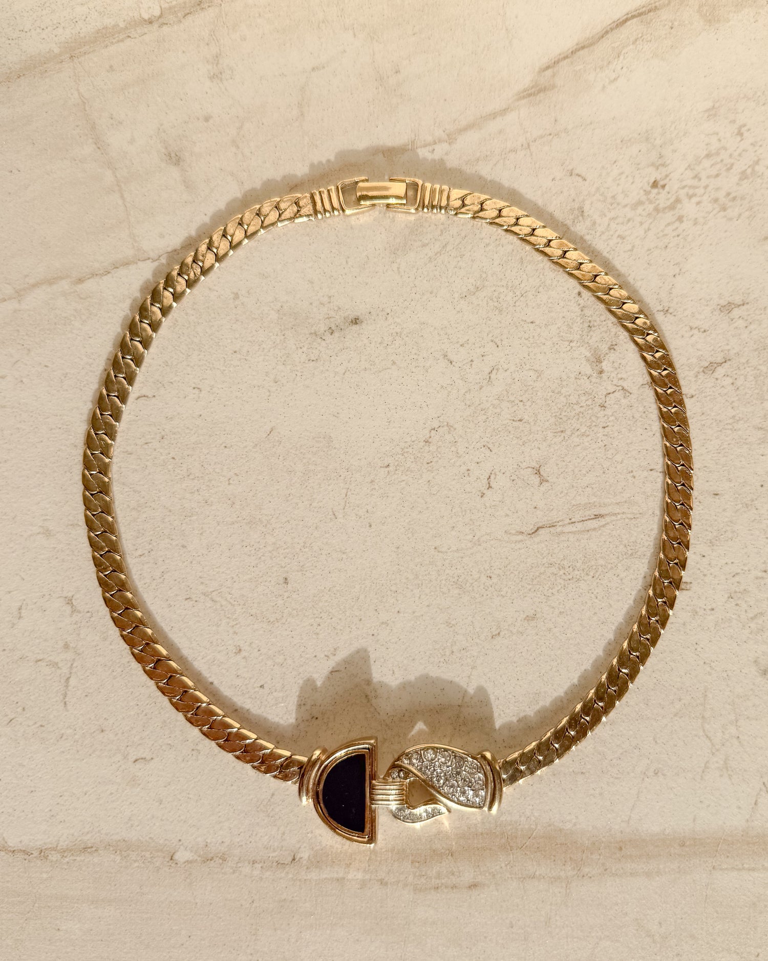 Vintage Signed Black Enamel Gold Rhinestone Crystal Hook Necklace