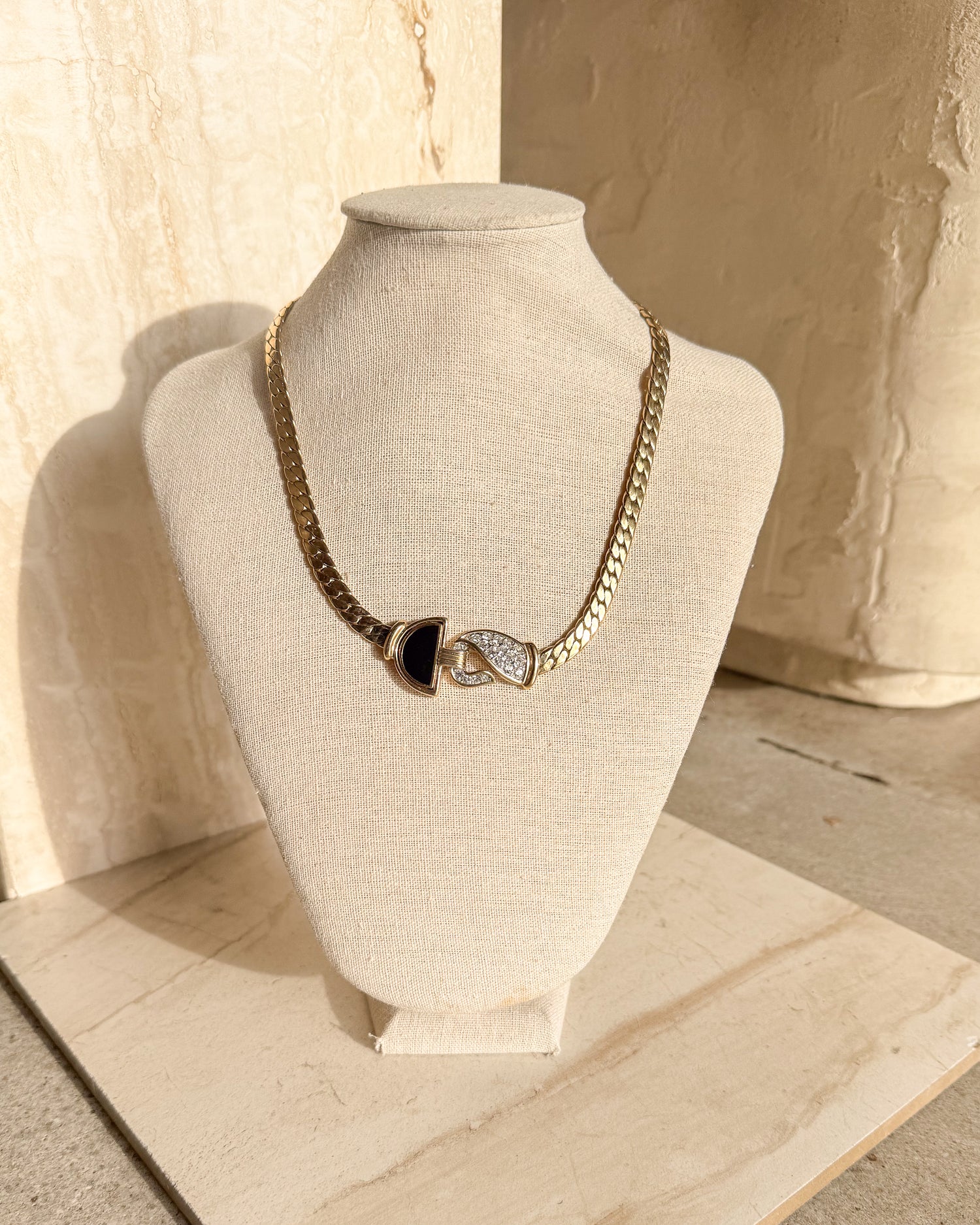 Vintage Signed Black Enamel Gold Rhinestone Crystal Hook Necklace