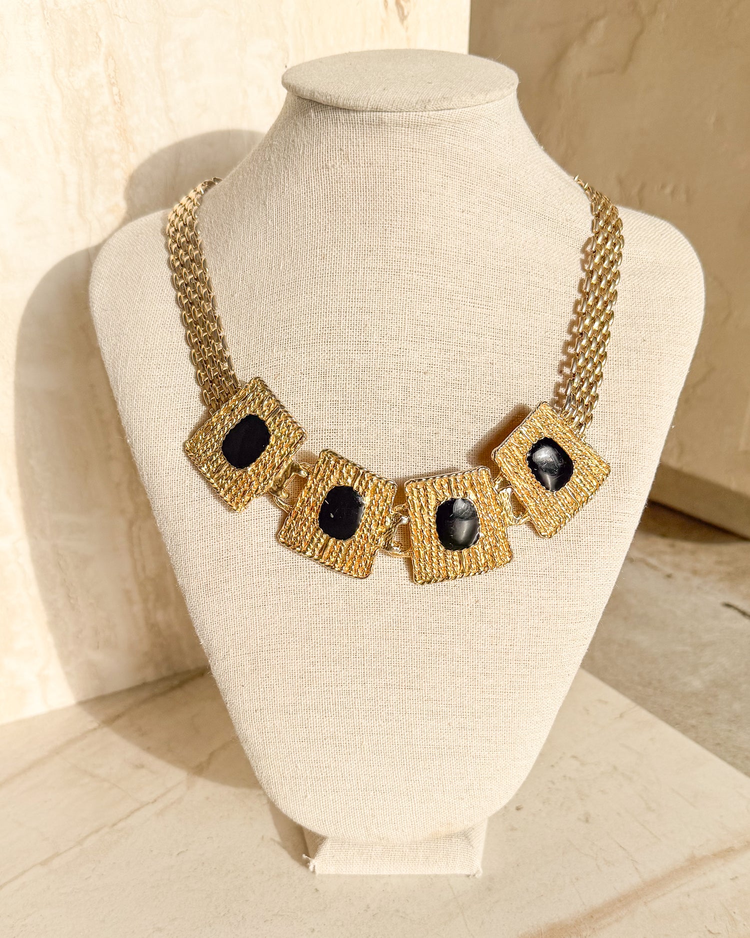 Vintage Gold-tone Black Enamel Chain Link Necklace