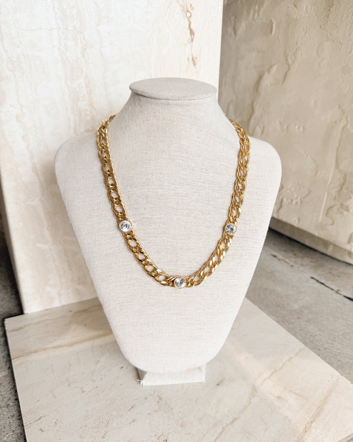 Vintage Gold Tone Crystal Rhinestone Station Necklace