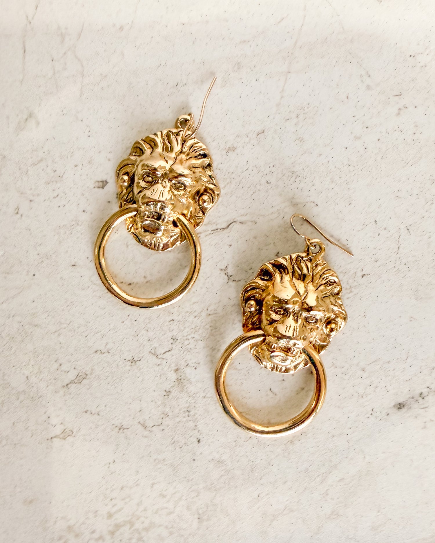 Vintage Lion Head Door Knocker Gold Hoop Earrings