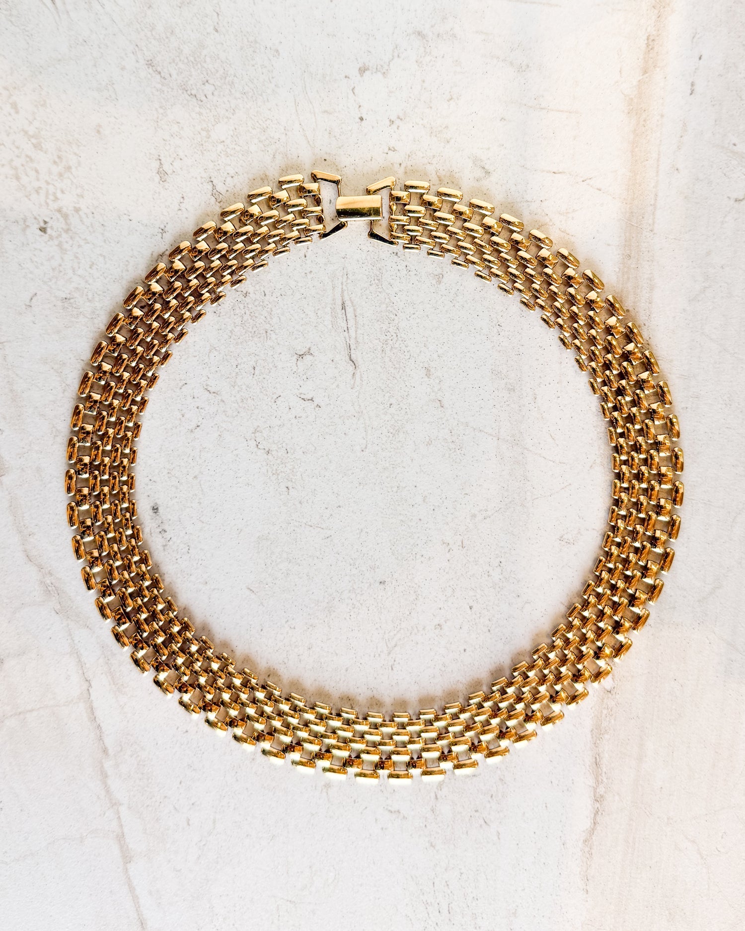 Vintage Signed Gold Thick Watch Band Chain Statement Necklace