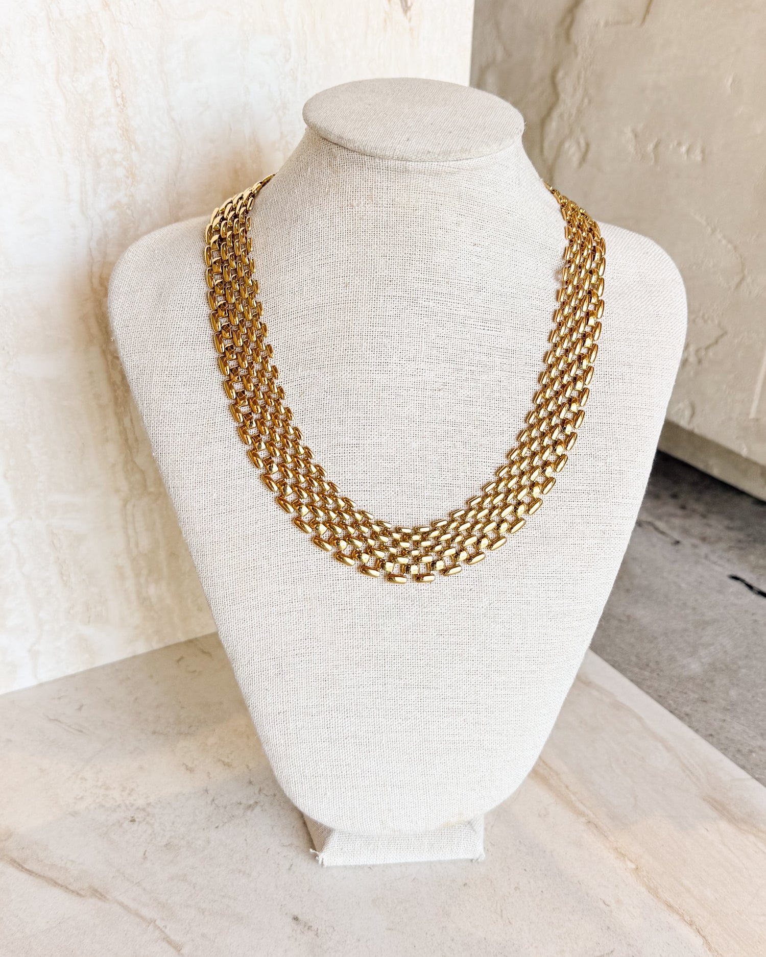 Vintage Signed Gold Thick Watch Band Chain Statement Necklace