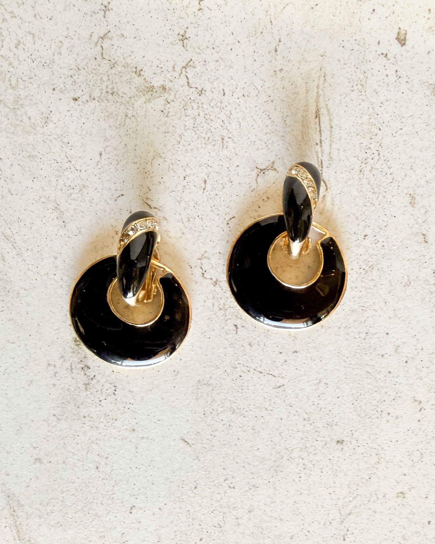 Vintage Signed Black Enamel Diamond Clip On Earrings