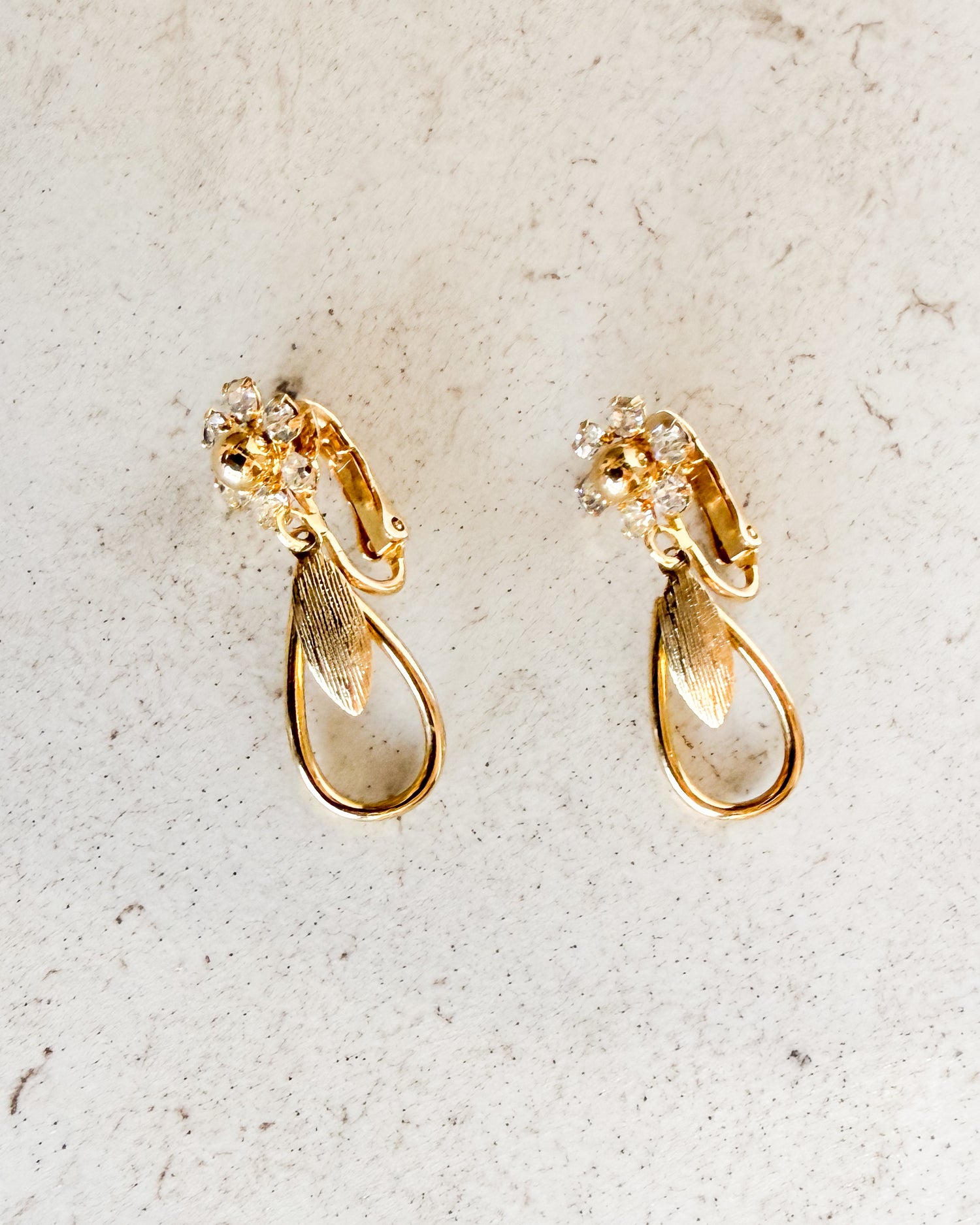 Vintage Signed Flower Rhinestone Teardrop Clip-on Earrings