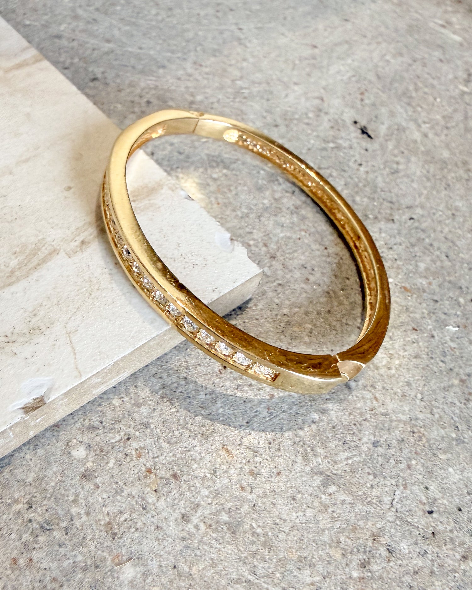 Vintage Crystal Gold Plate Oval Hinged Bangle Bracelet