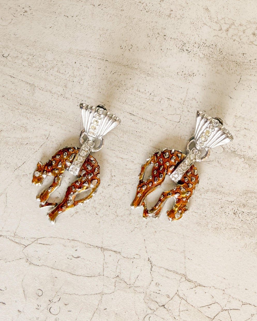 vintage Silver leopard crystal statement clip on earrings