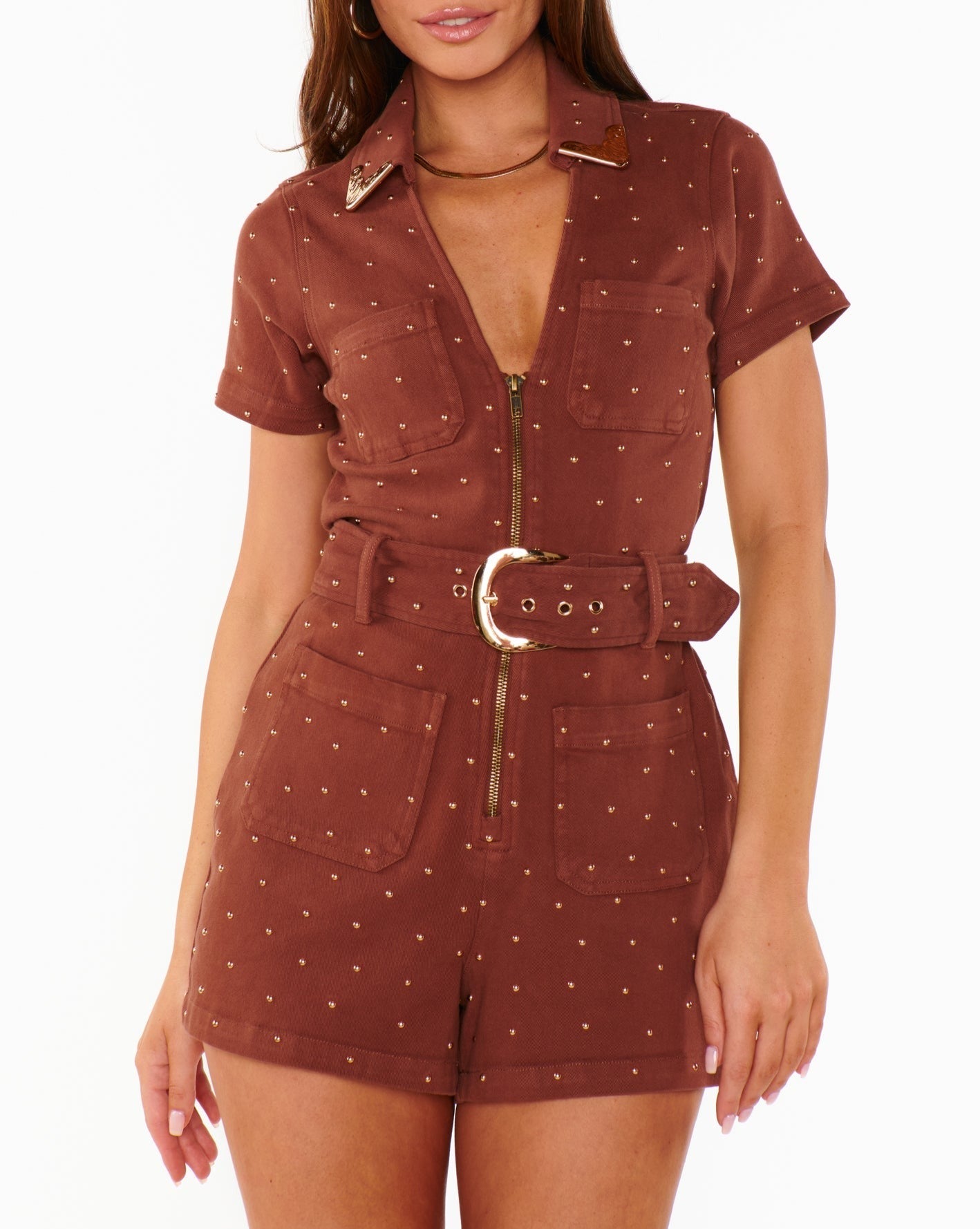 Tempe Romper Studded Brown Denim