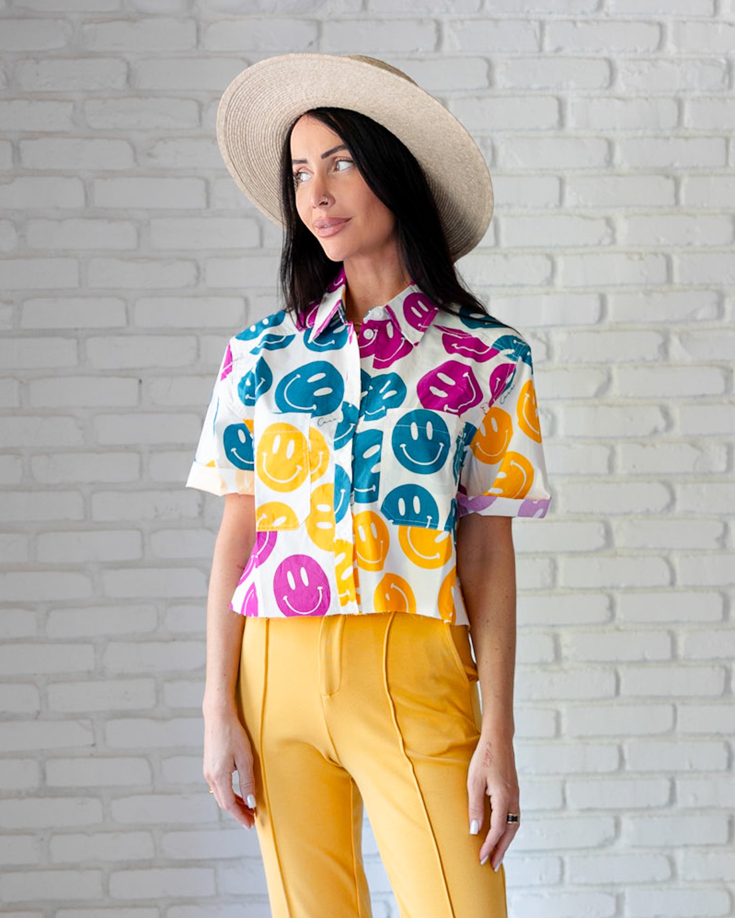 Basic Preslie Poplin Cropped Shirt All Over Smiley