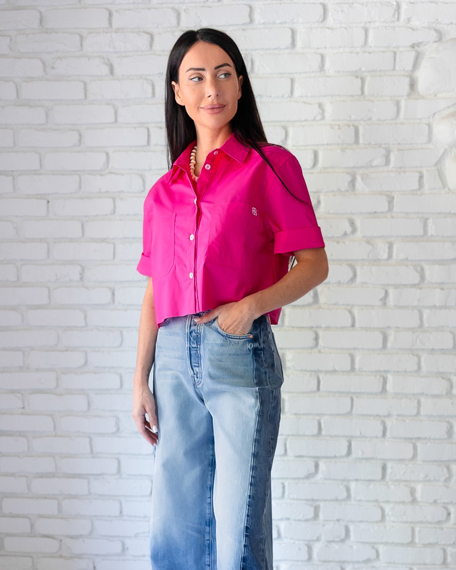 Basic Preslie Poplin Cropped Shirt Magenta