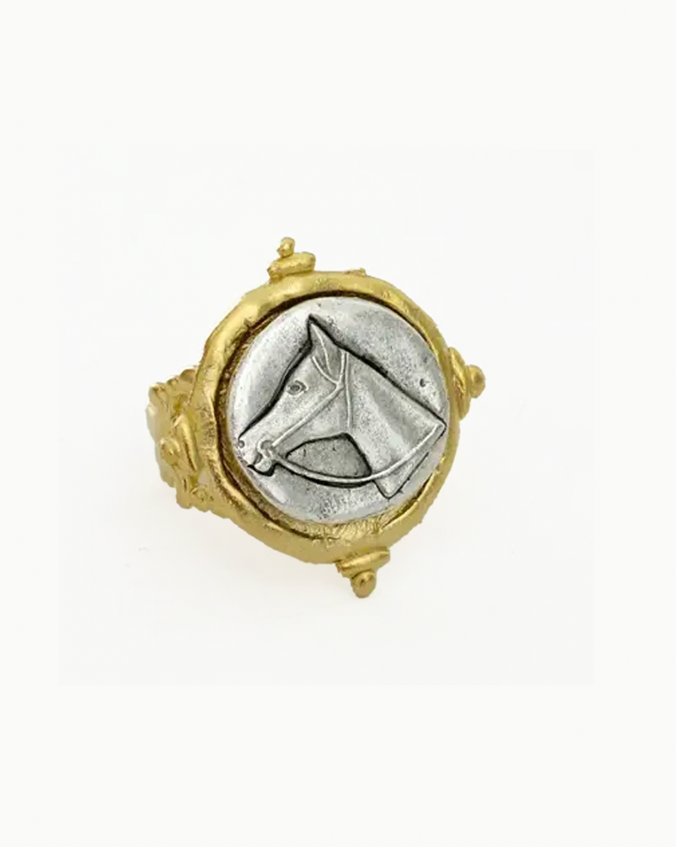 Handcast Gold and Silver Intaglio Horse Adjustable Ring