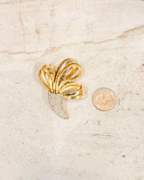 Vintage Gold Tone With Rhinestones Feather Brooch