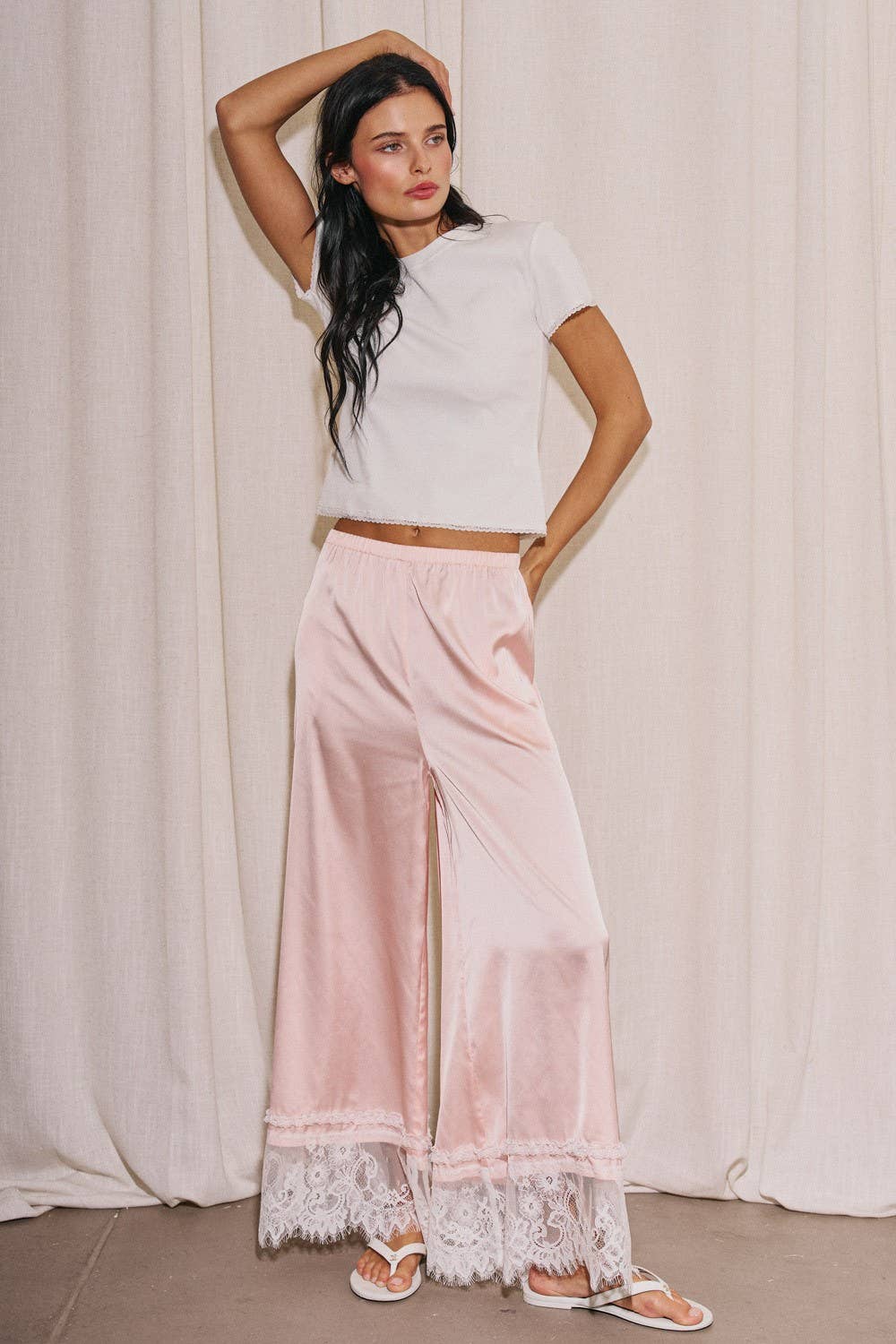 Woven Satin Lace Trim Wide Pants