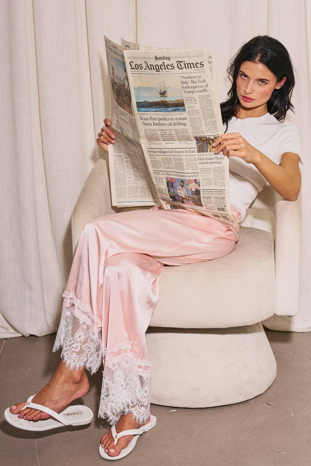 Woven Satin Lace Trim Wide Pants