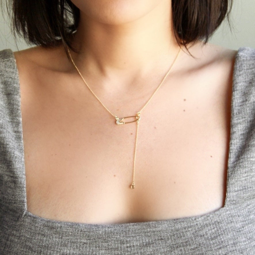 18k Gold Filled Safety Pin Necklace Featuring Cubic Zirconia Accents