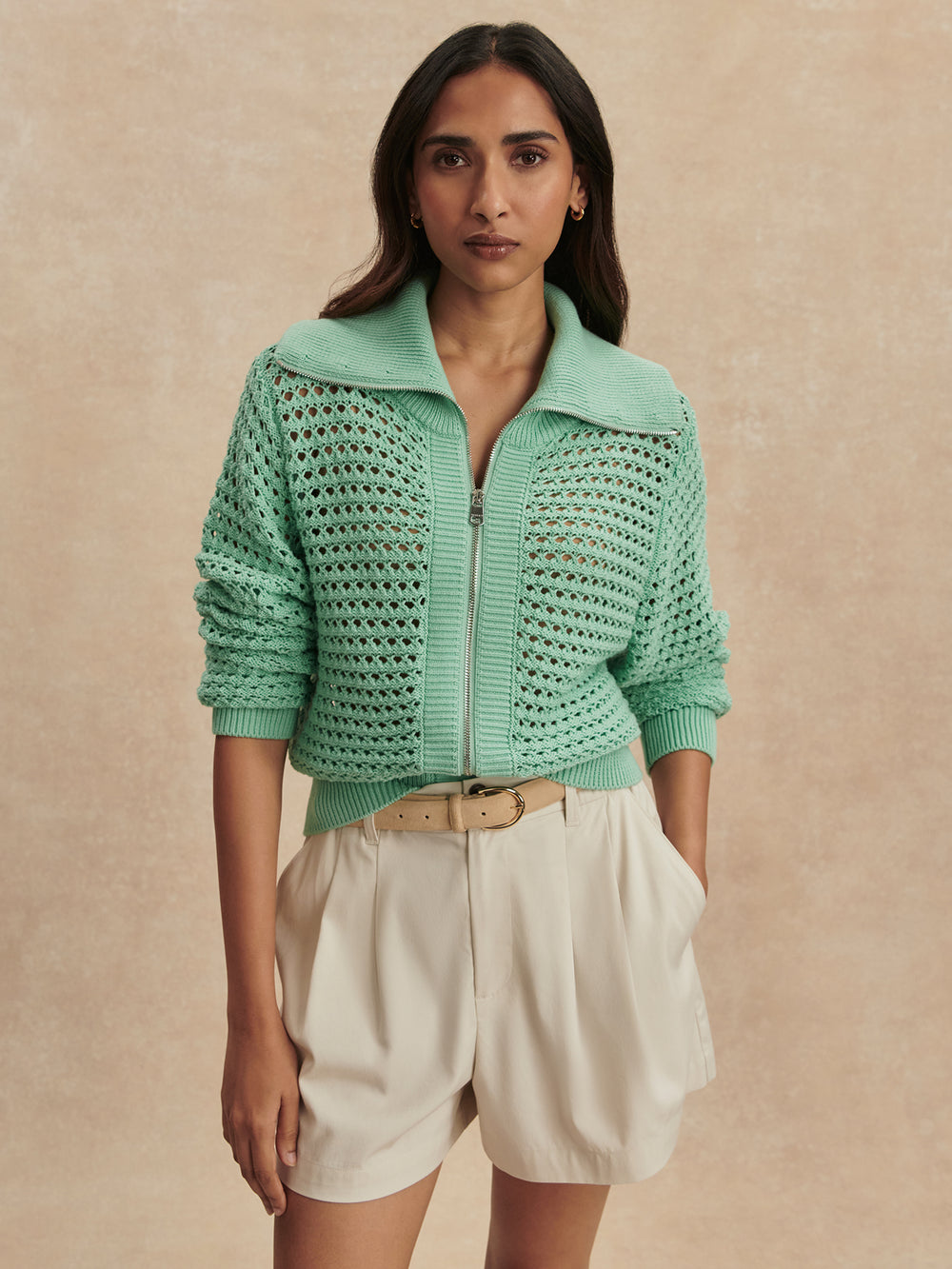 Eloise Full Zip Knit Sweater  Dusty Jade Green