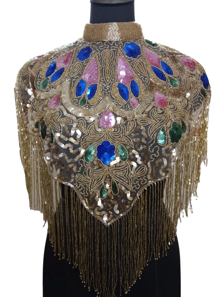 BEADED CAPE W/COLLAR  MULTI W/GOLD FRINGES