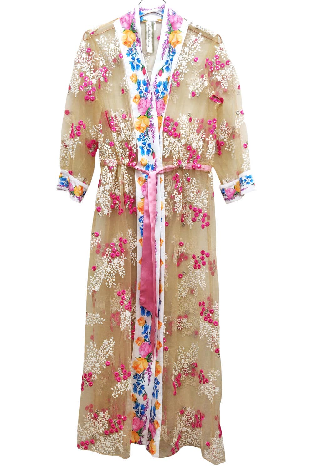 Beaded Floral Mesh Coat Robe Coverup
