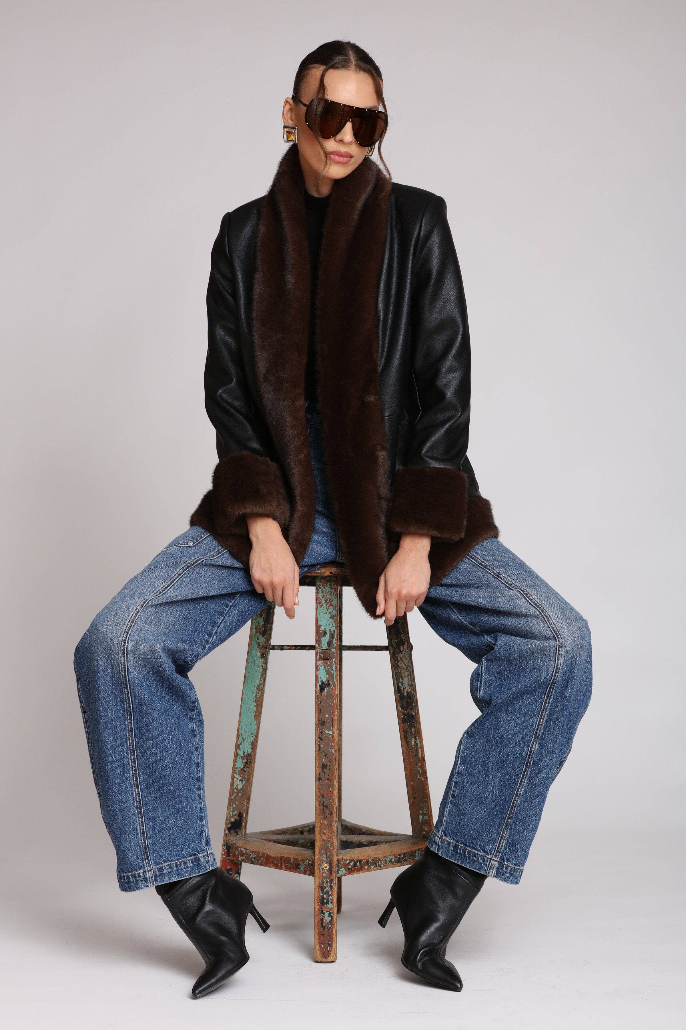 Faux Fur Trimmed Faux Leather Jacket