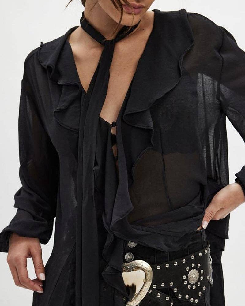 Ruffle Trim Sheer Blouse
