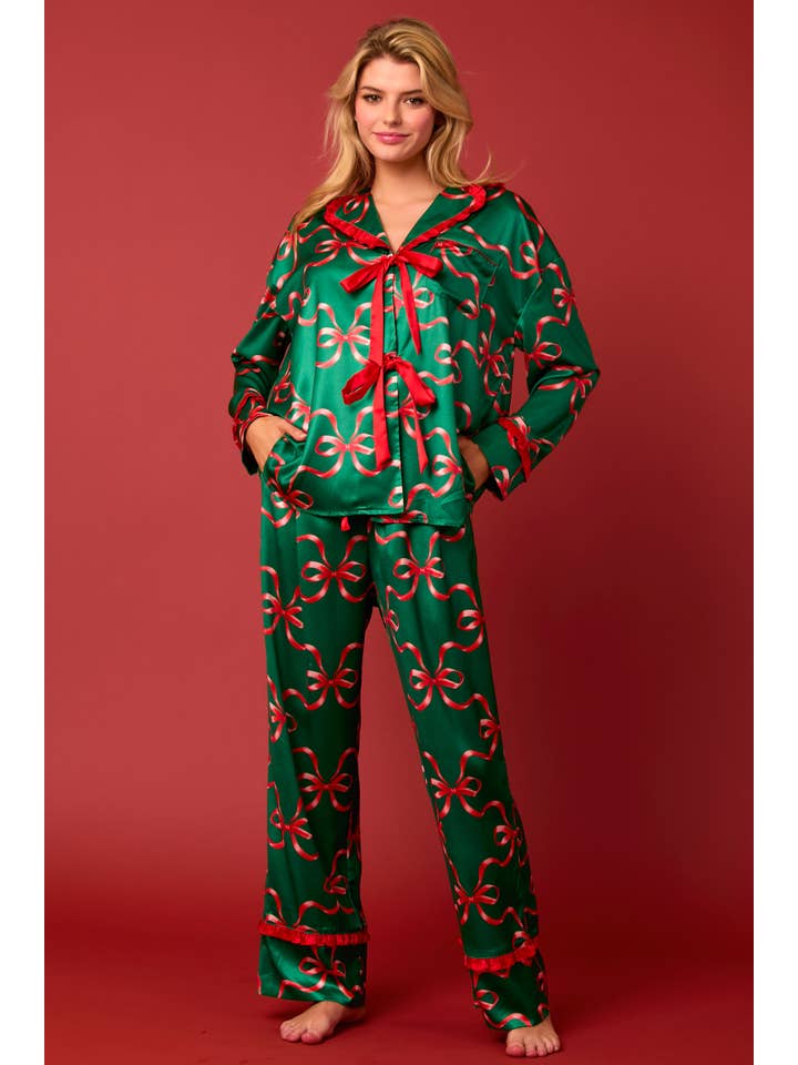 Bow Prints Tie Front Ruffle Detailed Pajama Set