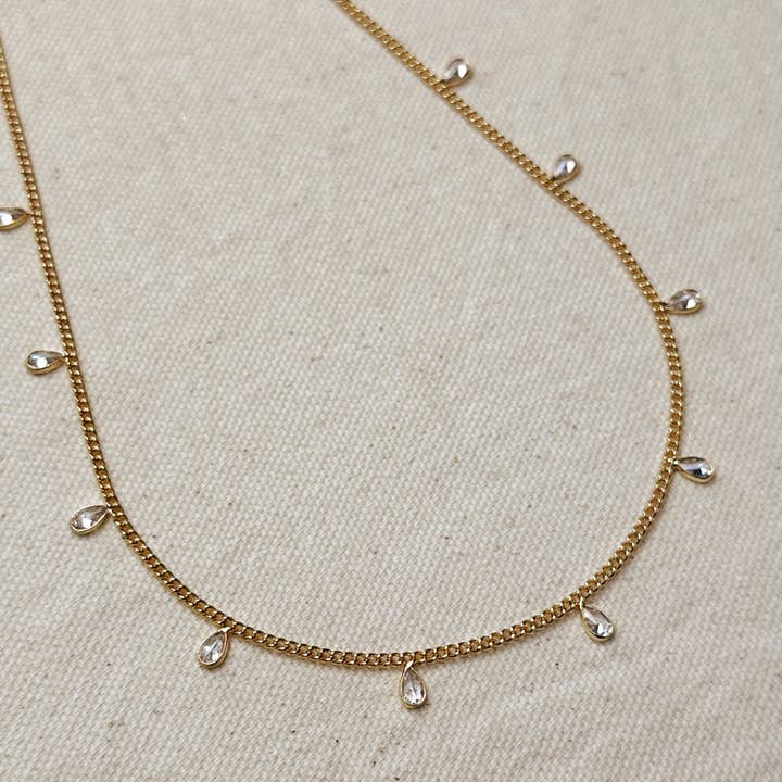 18k Gold Filled 2mm Curb Chain with Bezel Cz Drops Necklace