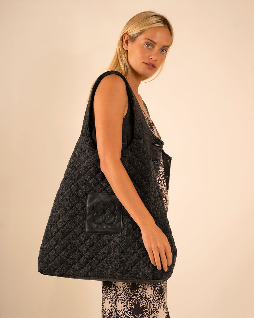 Maxi Quilted Denim Tote Bag Black