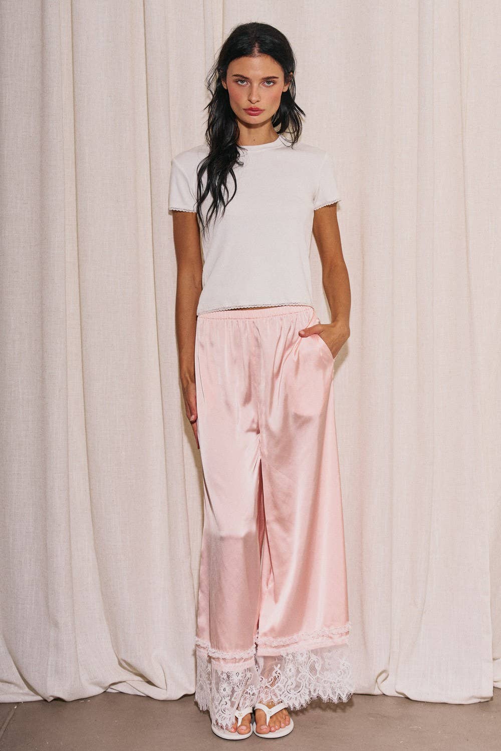Woven Satin Lace Trim Wide Pants