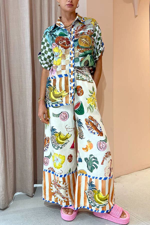 Stylish Casual Printed Shirt Wide-Leg Pants Set