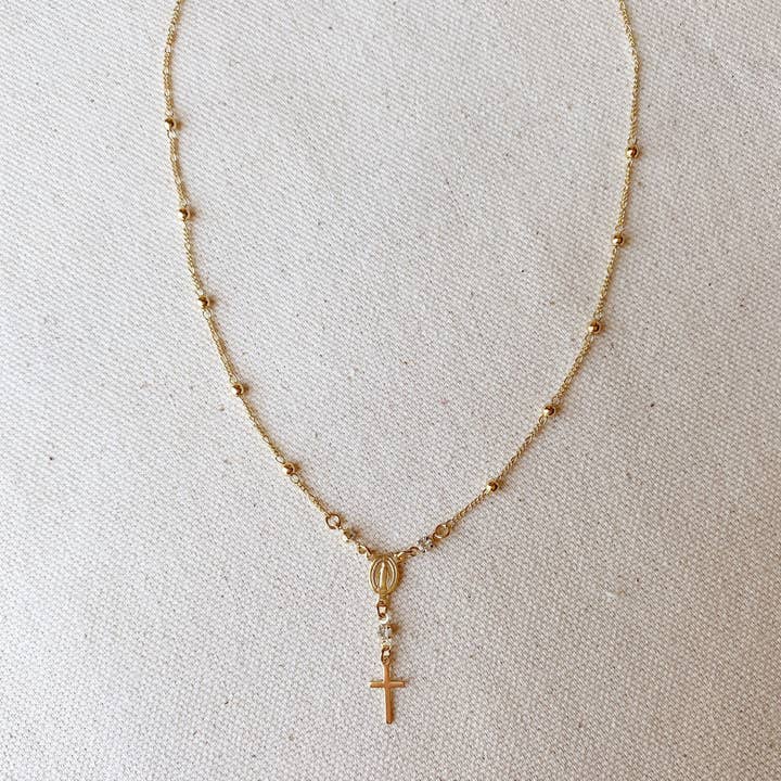 18k Gold Filled Rosary Ball Chain and Small Plain Cross Conf