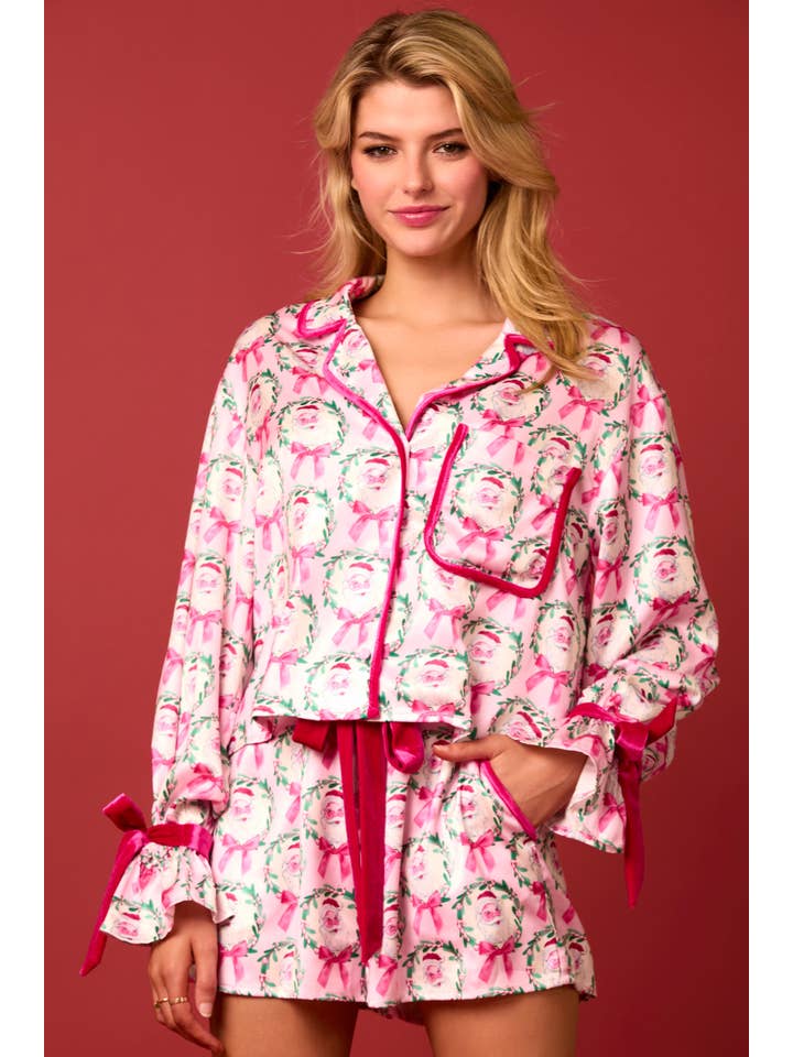 Satin Santa & Bow Prints Pajama Set