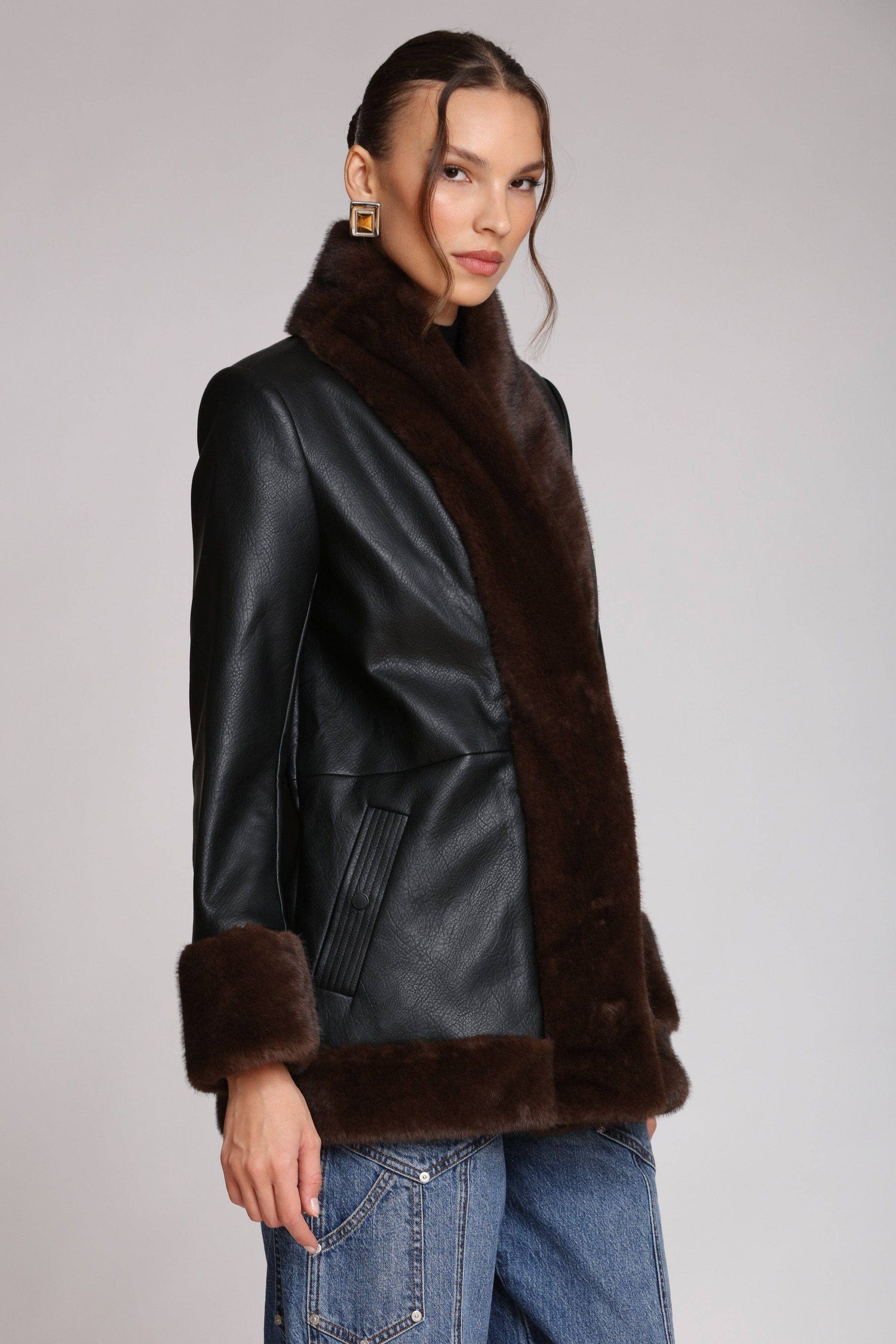 Faux Fur Trimmed Faux Leather Jacket