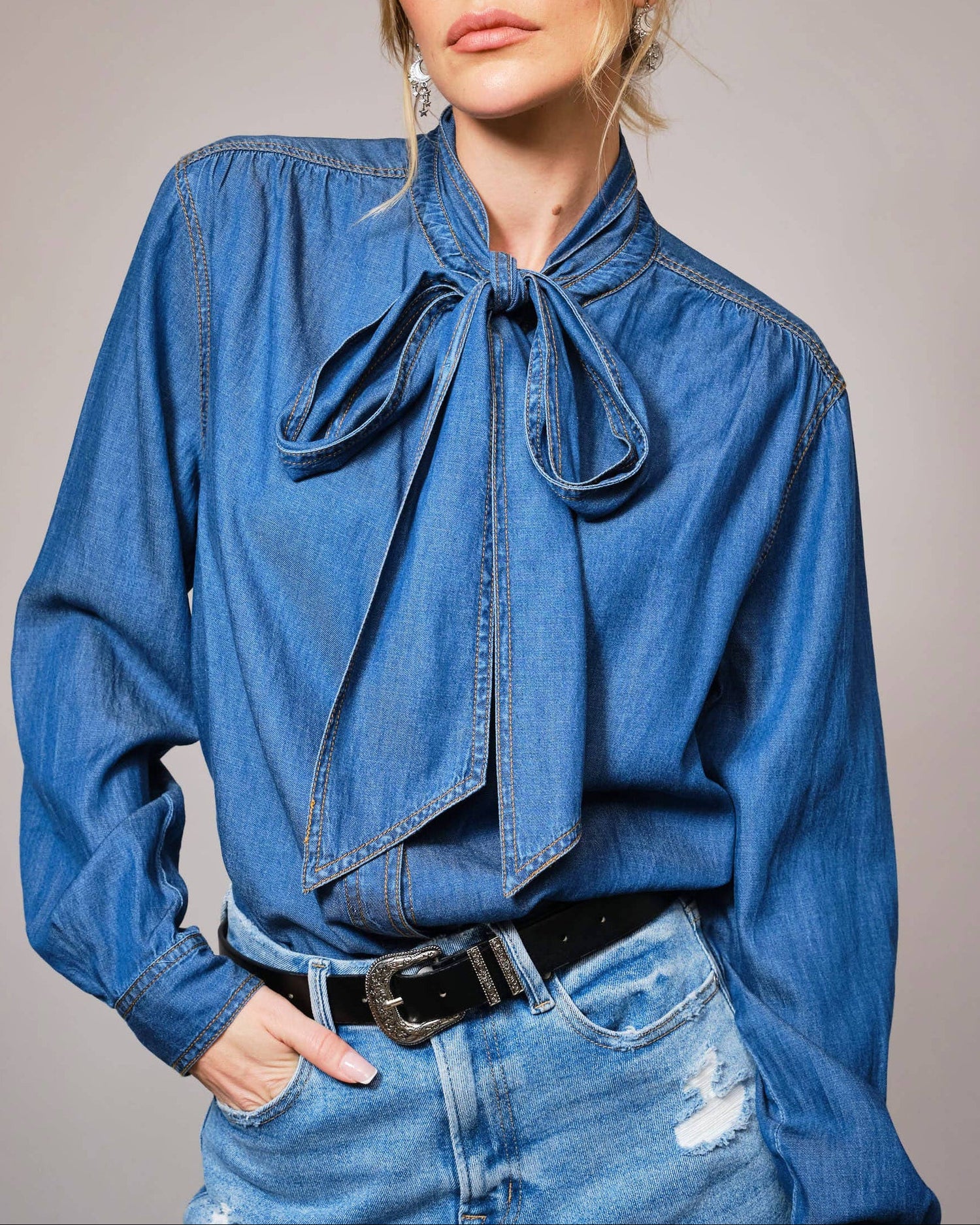Tie Neck Hidden Button Chambray Blouse