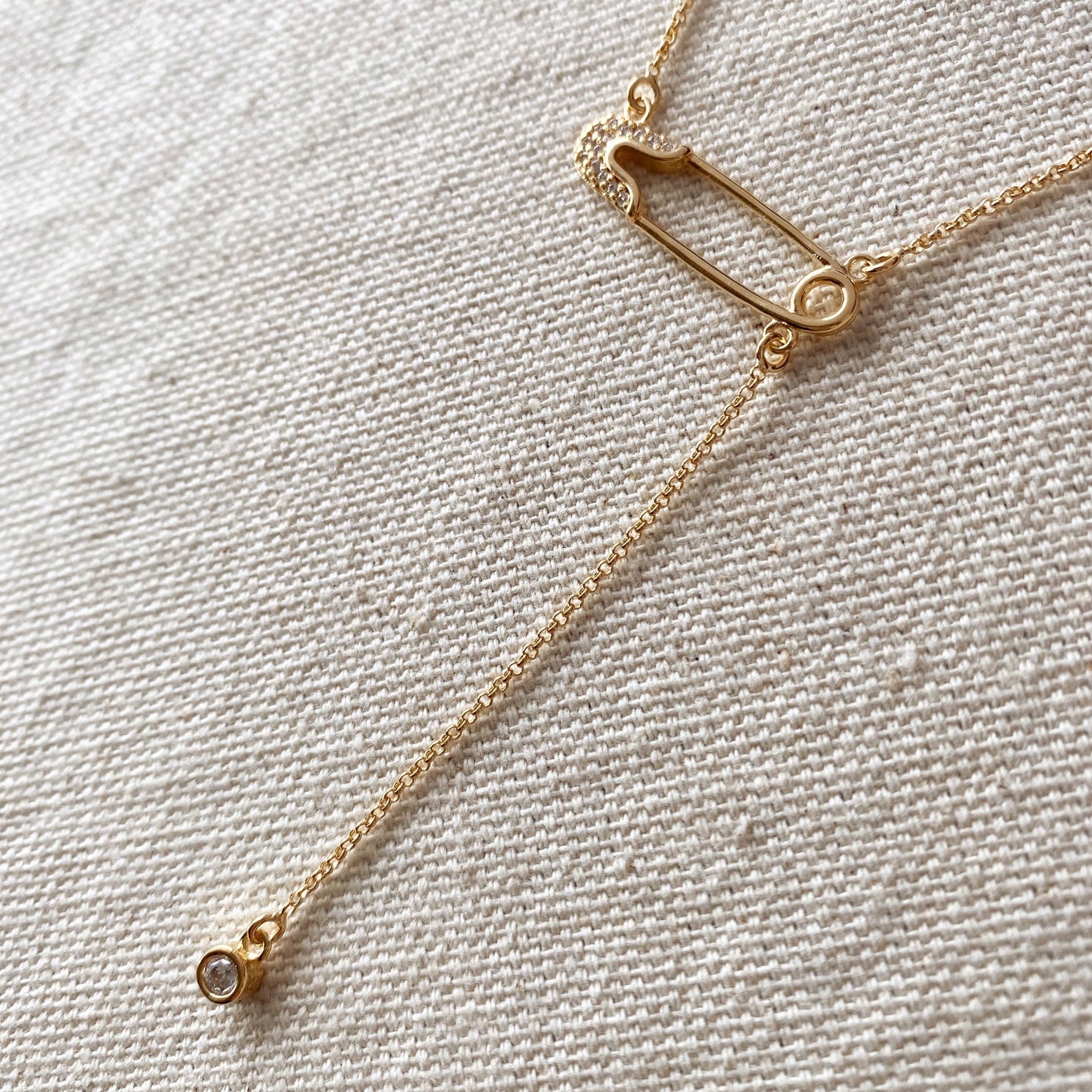 18k Gold Filled Safety Pin Necklace Featuring Cubic Zirconia Accents