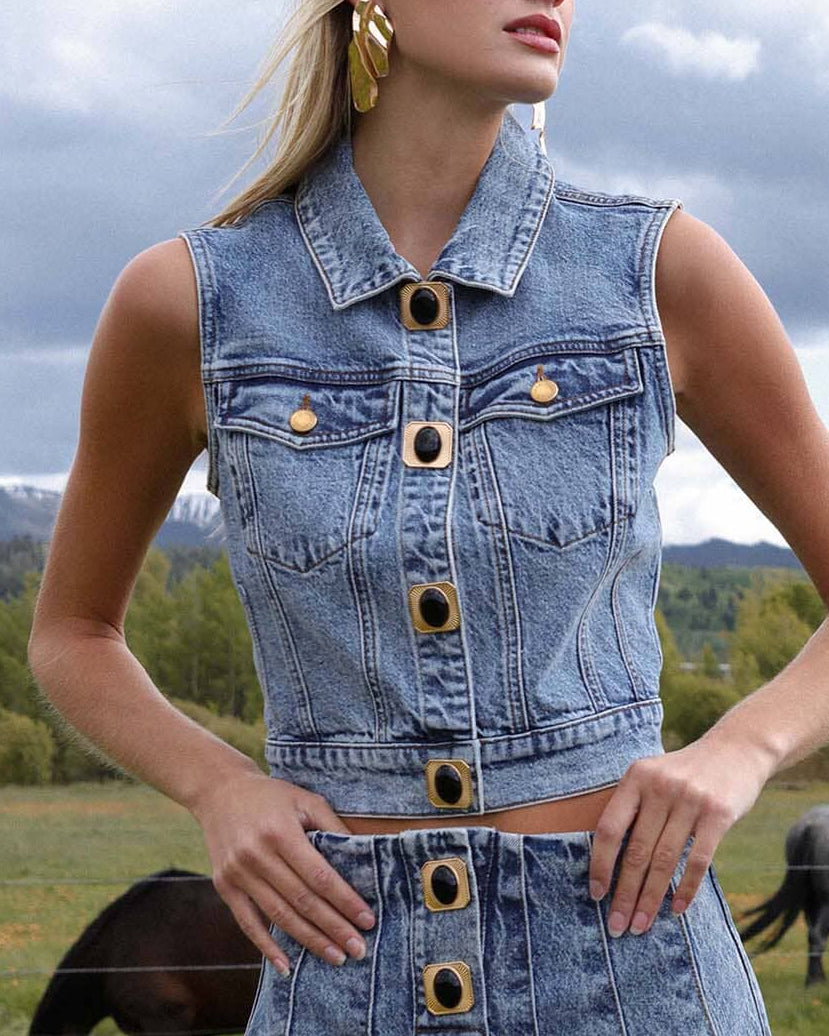 Novelty Button Denim Vest Top
