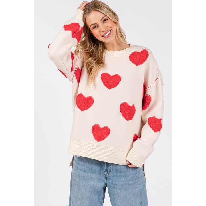 Oversized Valentine Side Slit Heart Sweater Top