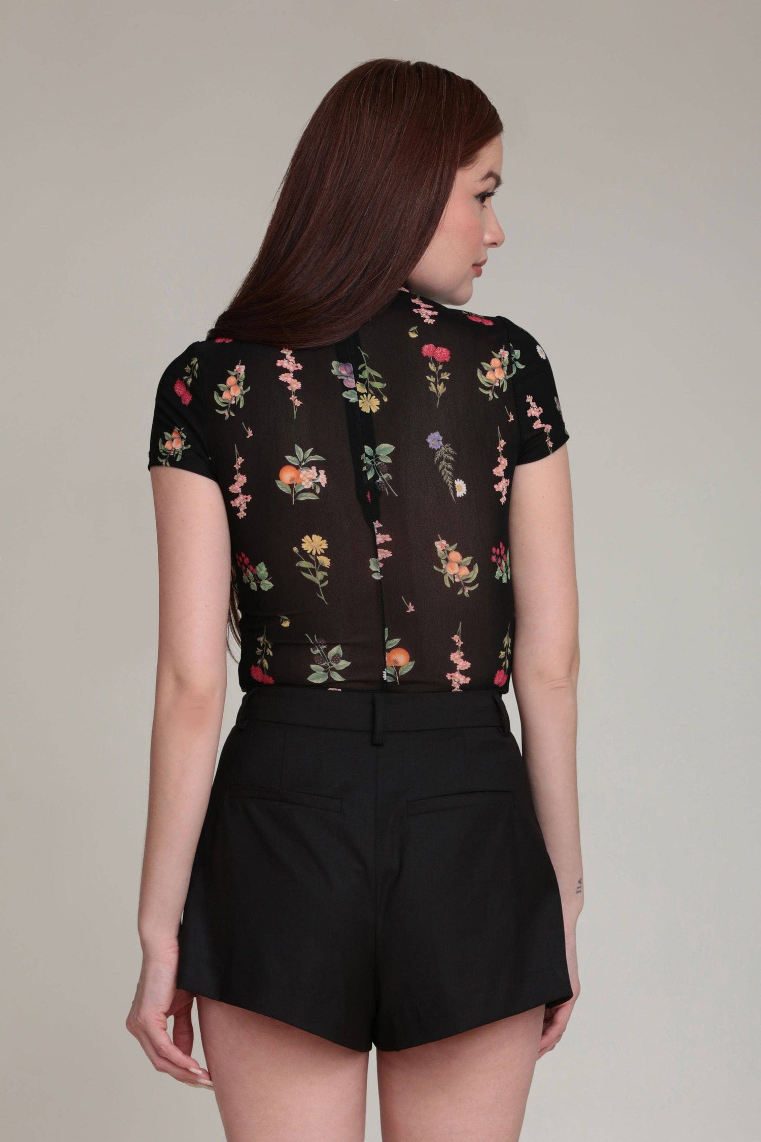 Floral Mesh Mock Neck Top (Black Botanical)